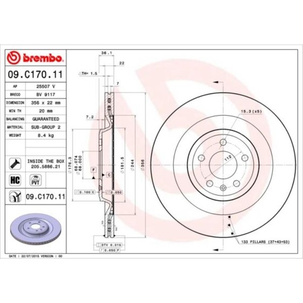 Brembo 2X Bremsscheibe Hinten Ø356 Mm InnenbelüFtet FüR Audi A6 Avant 4G5 C7-image
