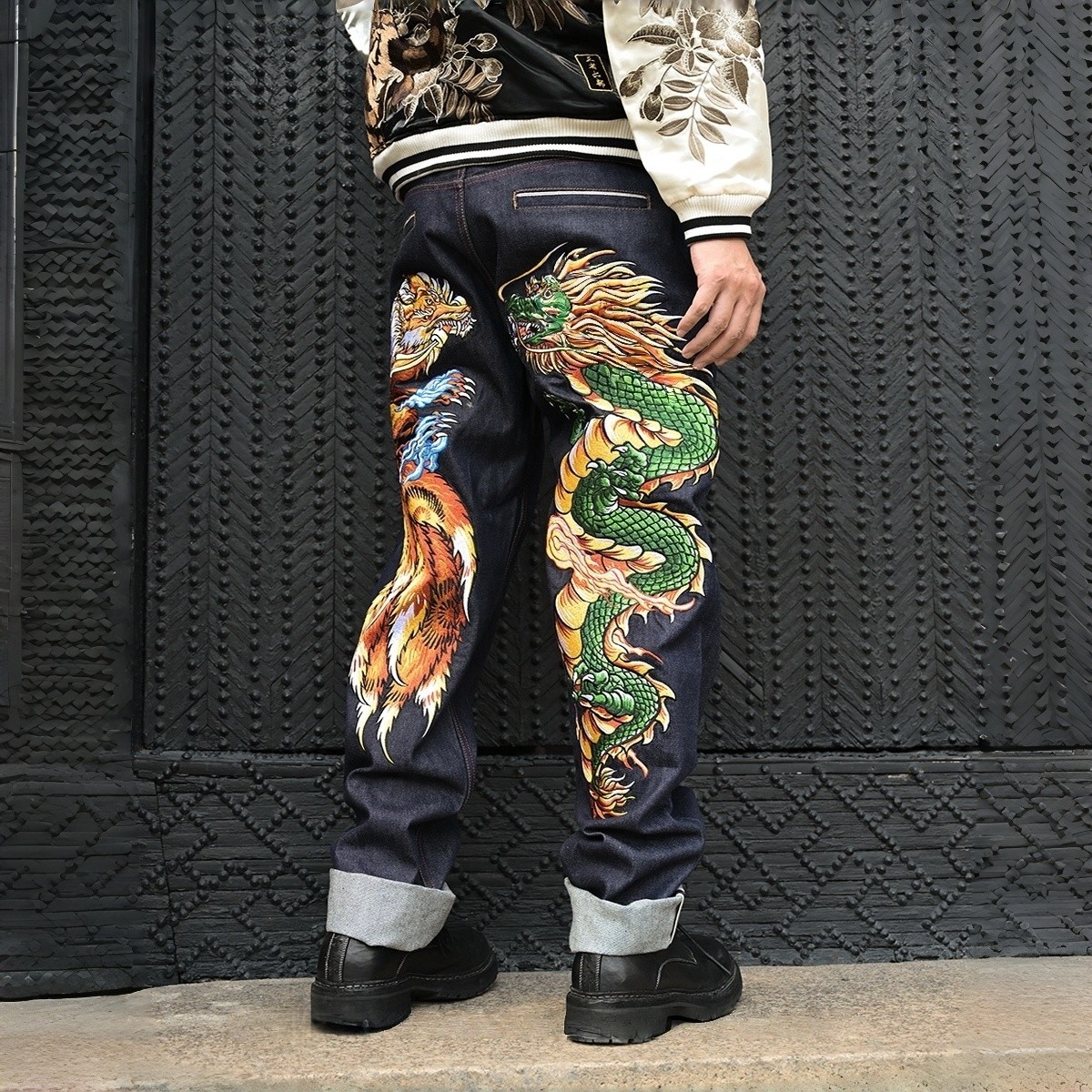Mens Japanese Pattern Embroidery Dragon Tattoo Raw Selvedge Denim