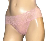 Victoria's Secret Pink Thong Panty  Lace Logo Low Rise Floral Pink Large Nwt