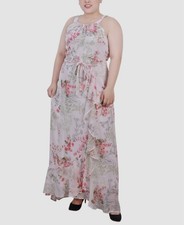 NY Collection Women's White Floral Halter Front Chiffon Maxi Dress Plus Size 1X