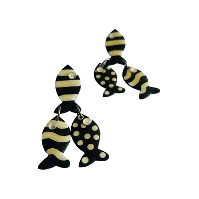 Vintage Fish Dangle Earrings Black White Polka Dot Striped Boho Statement
