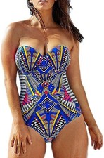 Womens One Piece Swim Suit Molded Underwire Cup Blue Print size 1X New