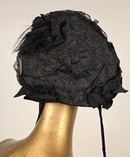 VICTORIAN 19TH C BLACK BONNET W SILVER SEQUIN TRIMMED BRIM