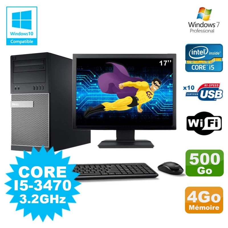 Lot PC Tour Dell 790 Intel I5-3470 3.2Ghz 4Go 500Go DVD WIFI Win 7 + Ecran 17" - Photo 1/1