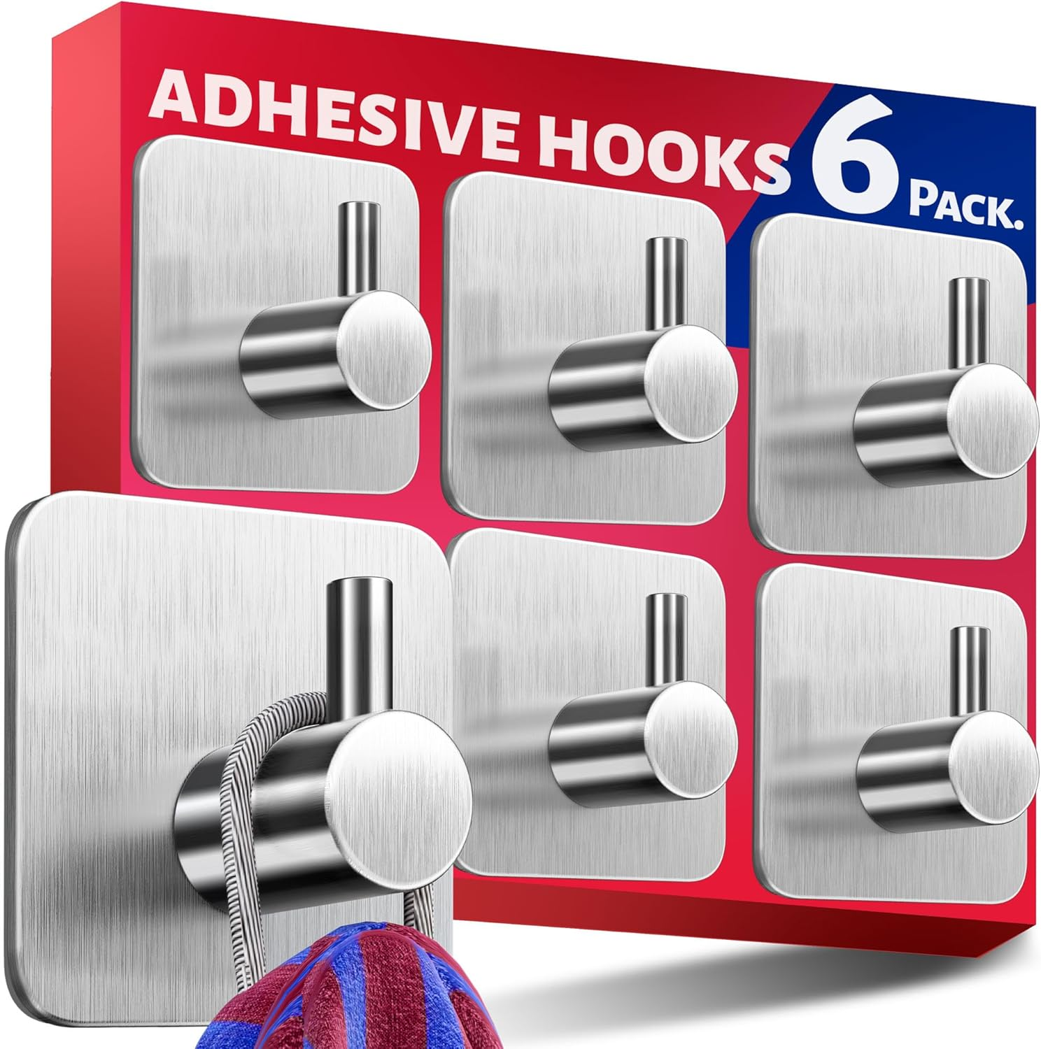 Self Adhesive Hooks, Set of 6 – Stick on Hooks Stainless Steel for Heavy Duty, N
