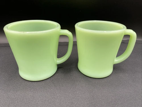 2 Vintage Oven Ware FIRE KING Jadeite D Handle Coffee Mugs Green