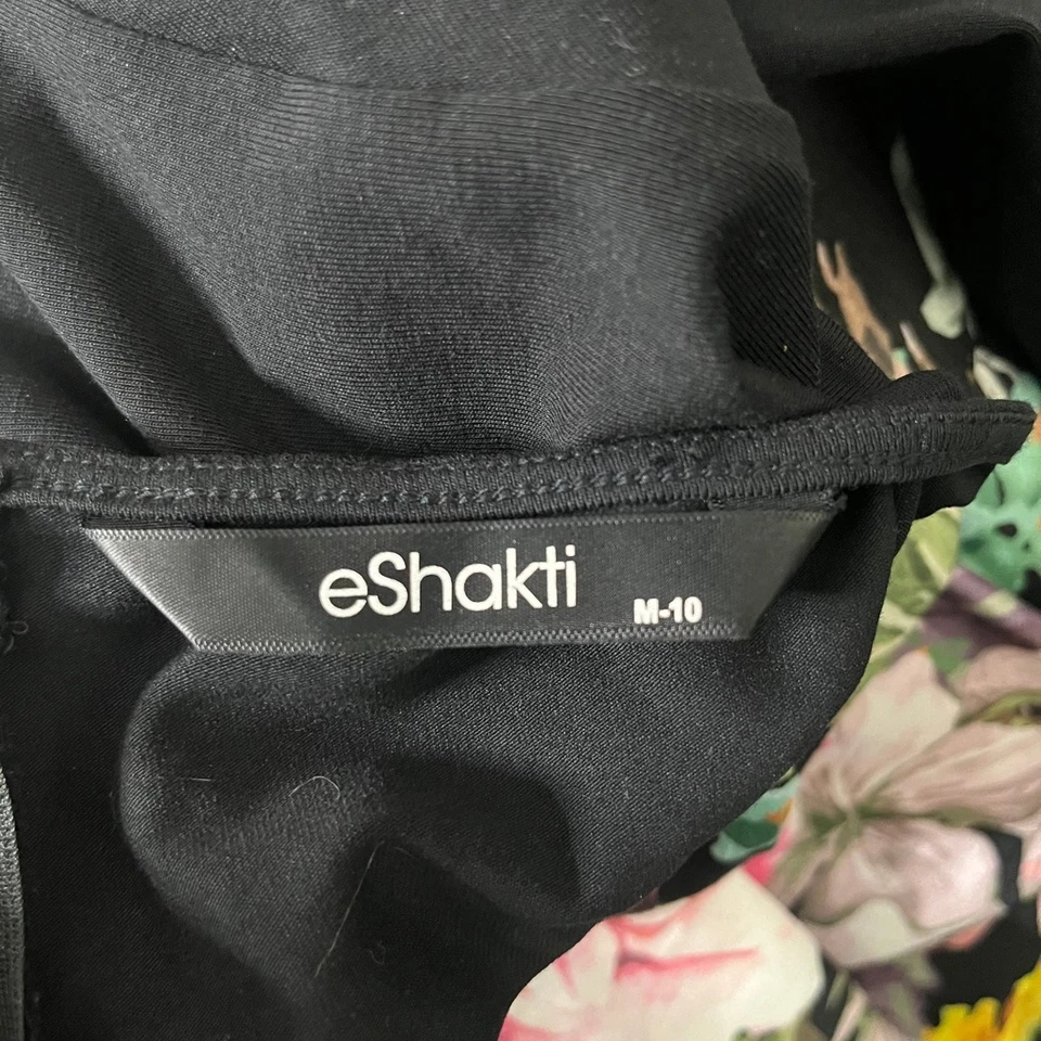 eShakti Fit Flare Dress Women’s M 10 Black Floral Midi Pleated Skirt 3/4 Sleeve - Image 4 of 4