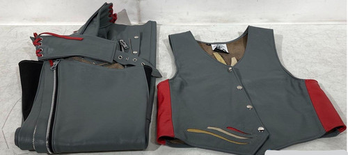 USA Made HAWG HUGGER Gray/Red Leather Motorcycle Vest & Chaps Men SMALL Biker