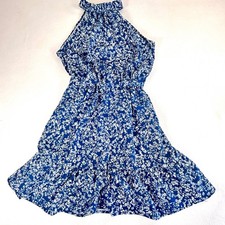 Blue Floral Halter Neck Smocked Waist Ruffle Hem Dress Women's Small