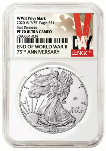 2020 W V75 WWII Privy Mark Proof Silver Eagle NGC PF70 UC First Releases