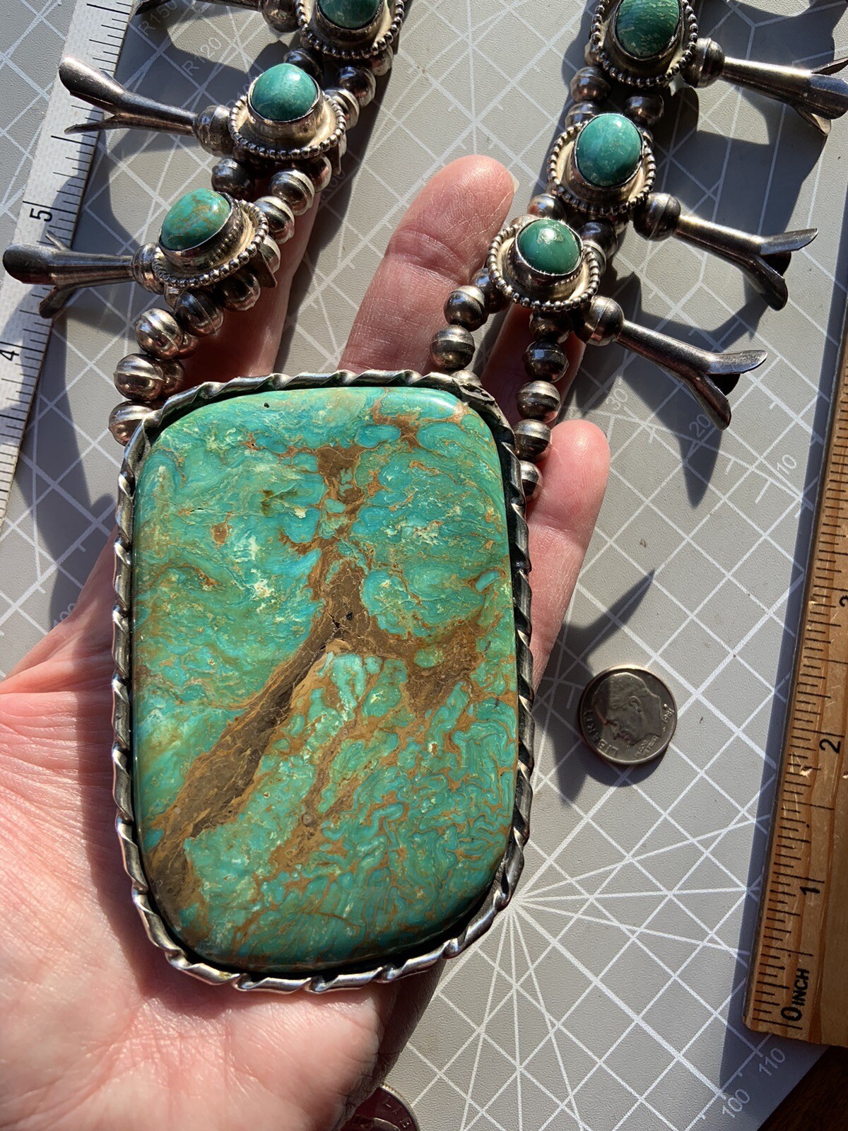 VTG Native American Green Slab Turquoise Squash Blossom Necklace 221g