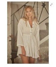 S Free People So Serene A-Line Boho Mini Dress, Ivory White, Large, RRP $118