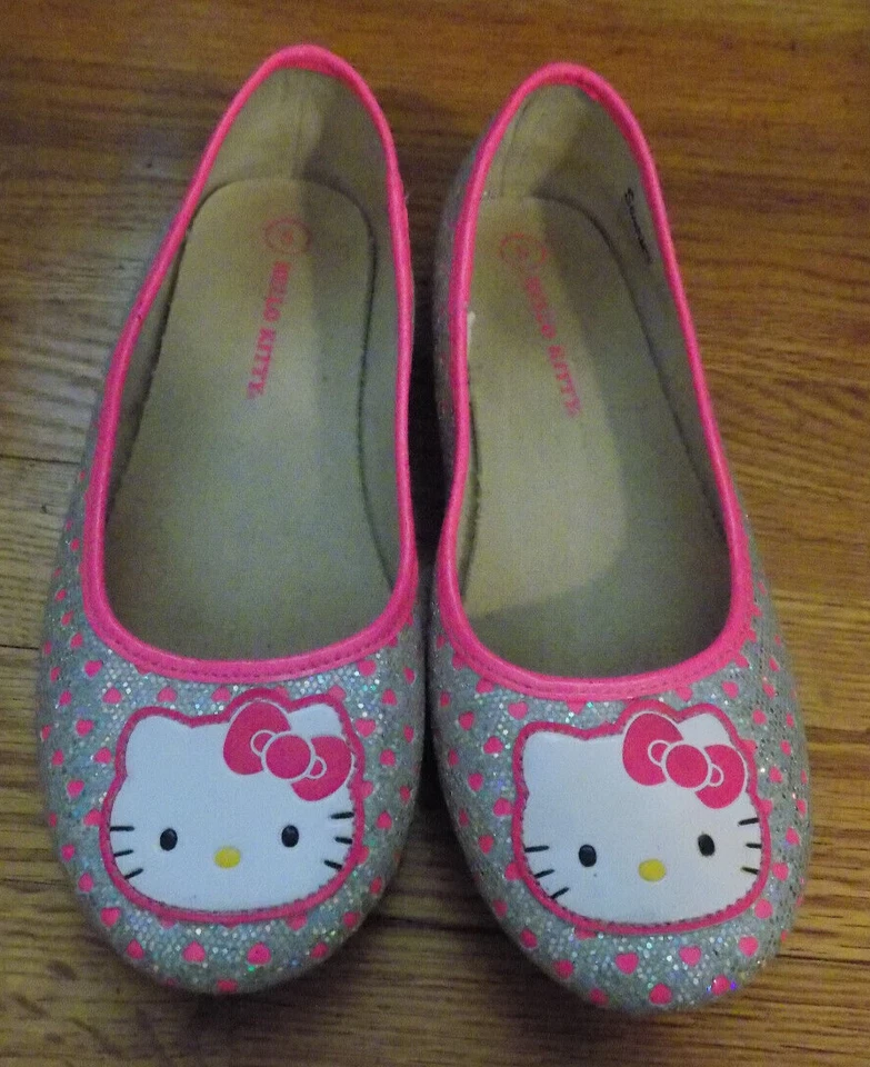 Vtg Sanrio hello kitty Face applique pink silver Hearts Ballet flats 5 wms 7 FUN - Image 2 of 4