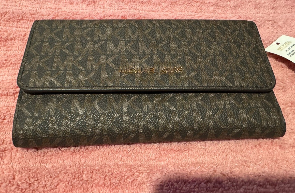 【訳あり】マイケルコース JET SET TRAVEL LG TRIFOLD BROWN Michael Kors Jet Set Leather LG Trifold Wallet - Brown