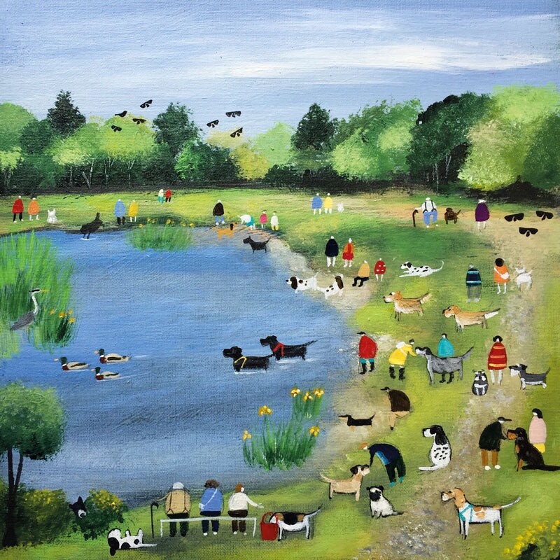 Favourite Summer Spot  - Art Blank Greeting / Birthday Card - Dog Walking Pond