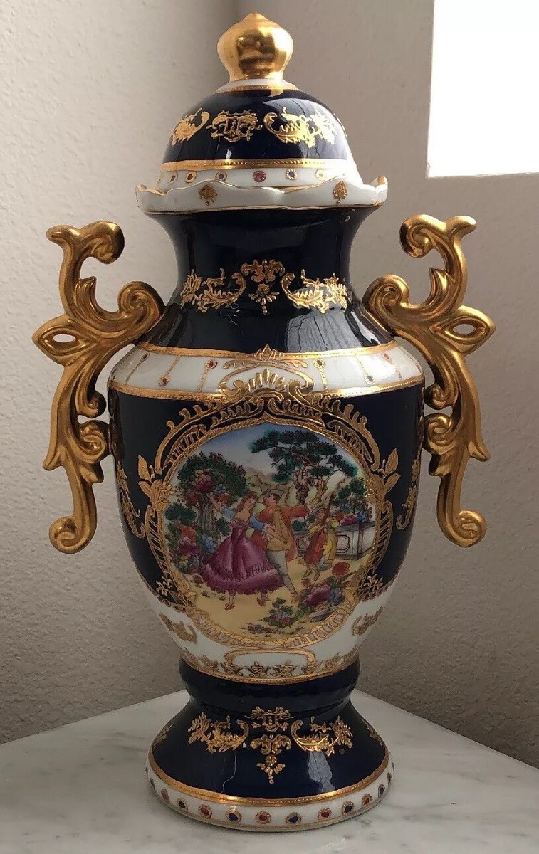 Limoges 17” Tall Porcelain Lidded Vase Cobalt Blue 24k Gilt Gold