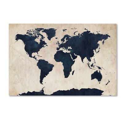 Trademark Art World Map-Navy Canvas Art by Michael Tompsett, 16 by 24-Inch