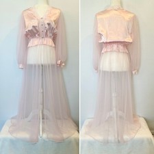 Vintage Val Mode Silky Satin Pink Lace Mesh Maxi Gown Princess Lounging Robe M