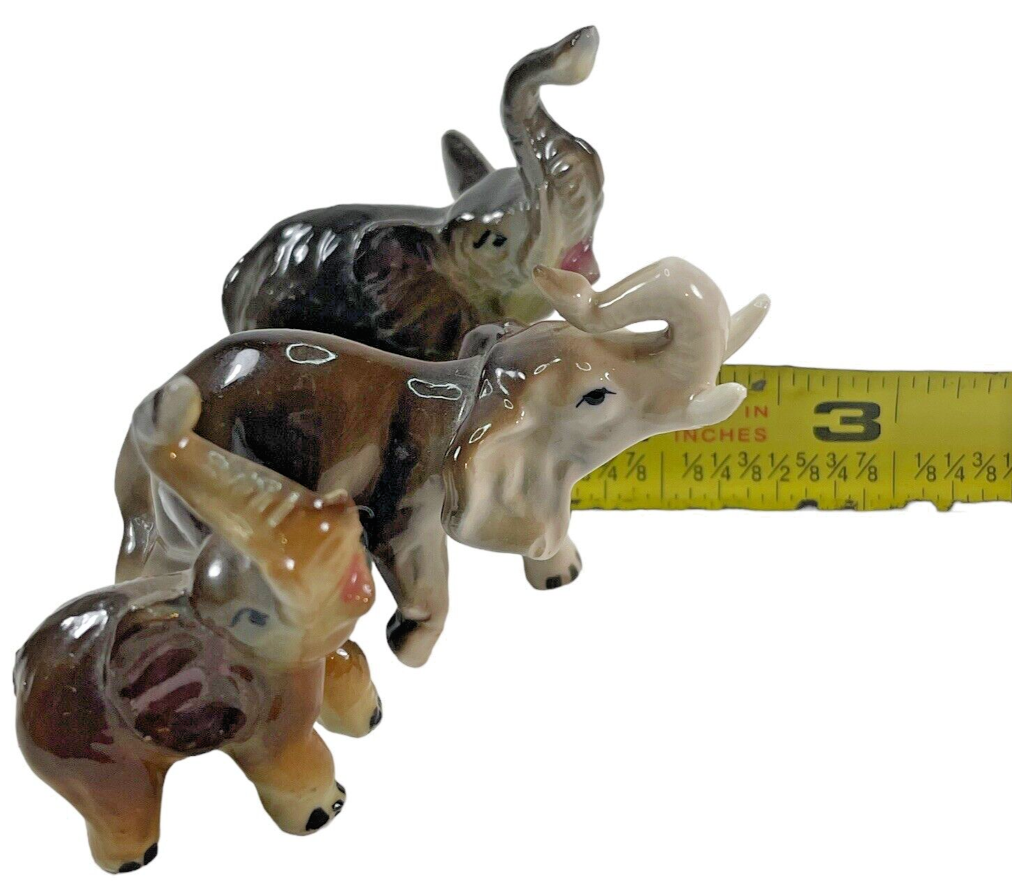 Vintage Miniature Elephants Lot of 3 Ceramic Figurines Trunk up Trumpet