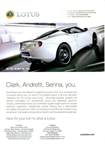 2010 Lotus Evora White Clark Andretti Senna Sportscar Original Color Print Ad