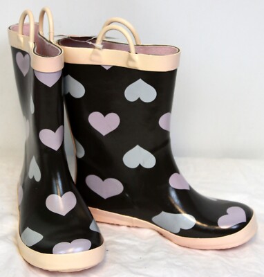 2009 Gymboree Glamour Kitty Brown Rain Boots Galoshes sz 12 Brown Hearts Pink