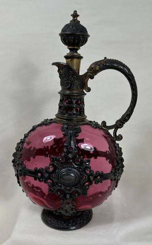 RENAISSANCE REVIVAL PINK CRYSTAL AND PEWTER FROM 19TH CENTURY 1880S ANTIQUE RARE