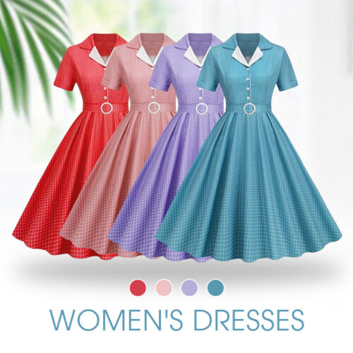 Damen 50er 60er Jahre Rockabilly Vintage Knopf Schaukel Kleid Cocktail Party Midi Kleid - Bild 3 von 35
