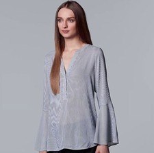 SimplyVera Boho Blue Pinstripe Bell Long Sleeve Lightweight Tunic Blouse Top