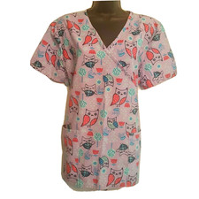 Just Be Womens Scrub Top Purple Owl Print Nurse Shirt Short Sleeve size Large