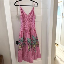 Farm Rio Palm Tree Cutwork Stripes Sleeveless Midi Dress Pink White Boho Resort