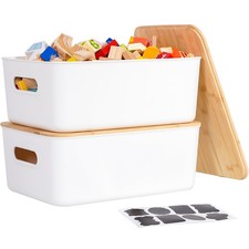 Storage Bins with Bamboo Lids 16QT Plastic Storage Containers Stackable Organ...