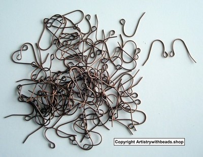100 Ant Copper plated plain fish hook earring wires open bottom loop FPH018