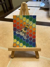ACEO Original Mixed Media Painting Art Card ATC Lowbrow Abstract 19 Rainbow Bee
