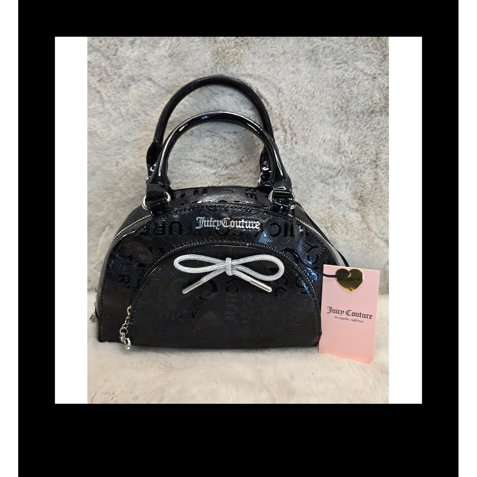 Juicy Couture Black Logo Satchel Crossbody Bag NWT Patent Bow Charm Rare
