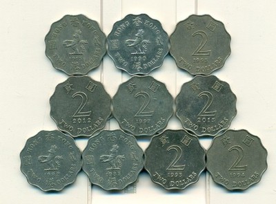 10-2 DOLLAR COINS..HONG KONG..1975/1982/1985/1990/1993/1994/1995/1997/2012/2013
