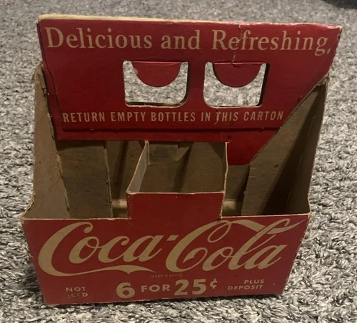 1960s VINTAGE COCA COLA CARDBOARD 6 BOTTLE CARRIER / CARTON - 6 FOR 25 CENTS