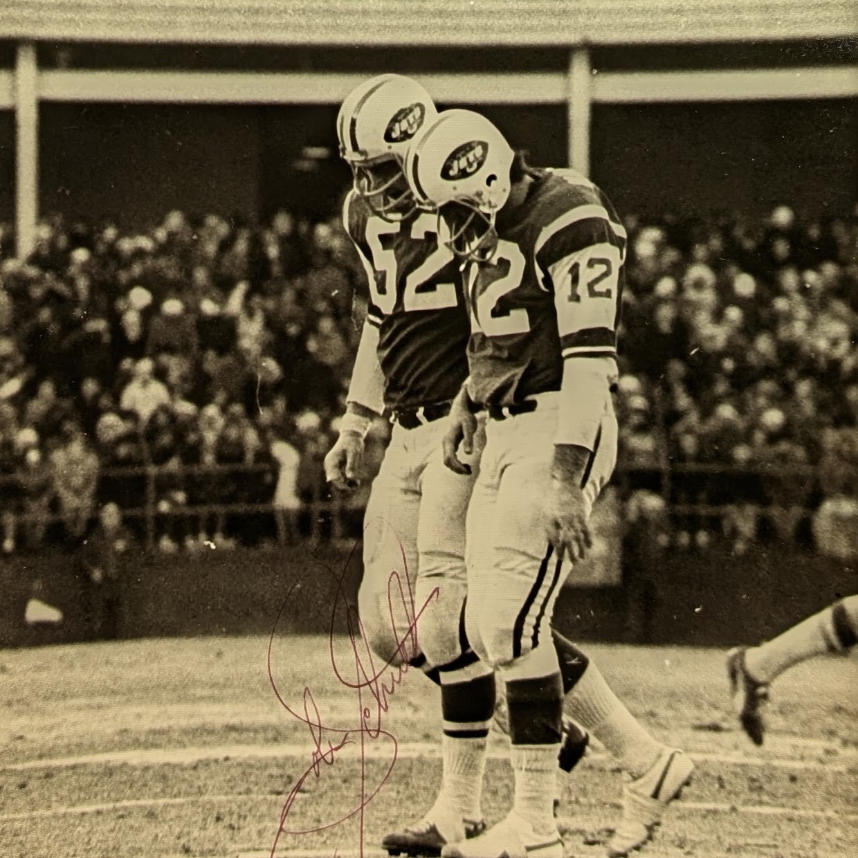 John Schmitt SIGNED Photo w/ Joe Namath Jets 1970s Super Bowl III Center #52