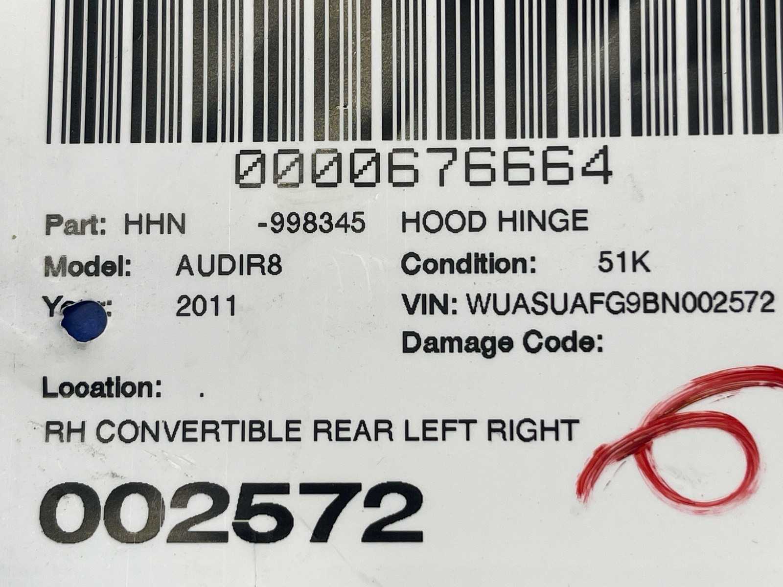 2011-2015 AUDI R8 CONVERTIBLE REAR HOOD TRUNK LID HINGE SUPPORT BRACKET SET OEM