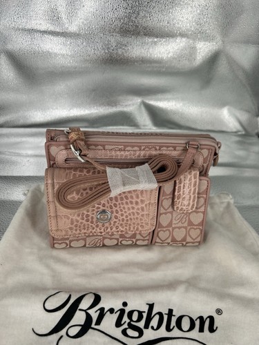Brighton Pink Hearts Canvas Croc Leather Organizer Crossbody Wallet Bag