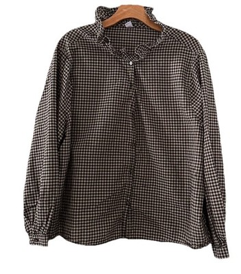 Old Navy Womens Ruffle Button Down Gingham Plaid Top Sz XL Black Beige Cottage