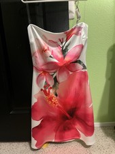 Windsor White Pink Red Satin Bodycon Dress Knee Length Cowl Neck Floral Print S