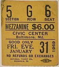 Janis Joplin Concert Ticket Stub Baltimore Civic Center January 31 1969 Rare! 