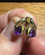 Sterling Silver 925 R Gold Tone Purple Amethyst Teardrop Stud Earrings