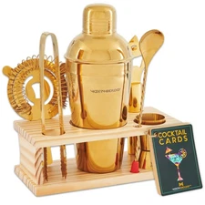 Gold Cocktail Shaker Set - 8-Piece Bartender Kit with Recipe Cards & Stand