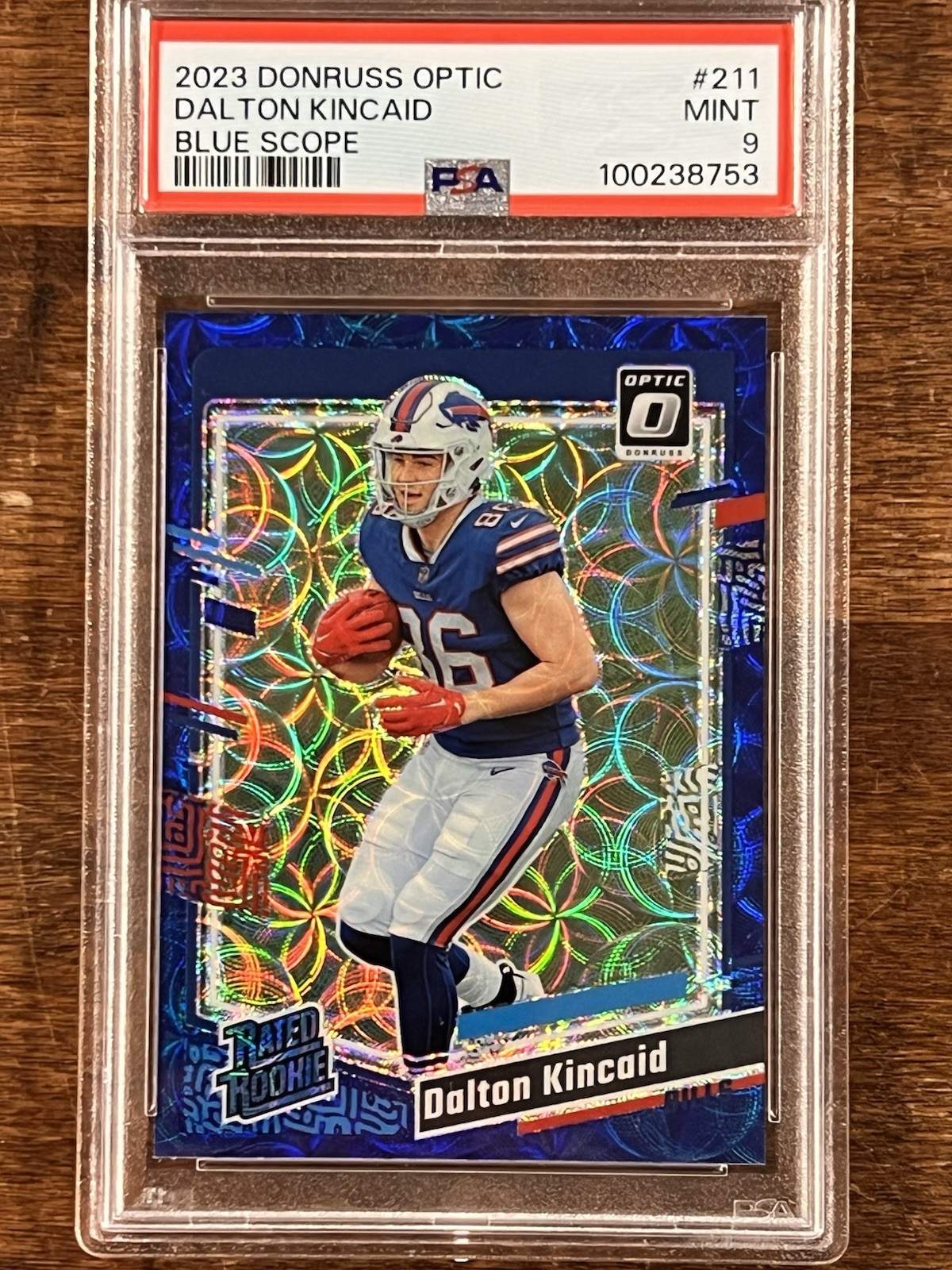 2023 Donruss Optic Rated Rookie Dalton Kincaid #211 Blue Scope Prizm (RC) PSA 9