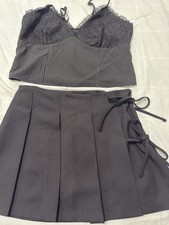 Women's Black S 2-Piece Knit Outfit Set Lace Trim Tank  Pleated Tie Skirt