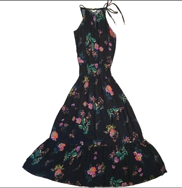 NWT Lovestitch M Tiered Floral Halter Maxi Dress Boho Smocked Colorful Beautiful