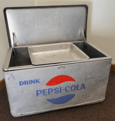 VINTAGE  "DRINK PEPSI-COLA" SILVER  METAL COOLER w/ TRAY INSIDE