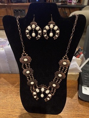 Squash Blossom Necklace with Matching Earrings Copper With White Beading 