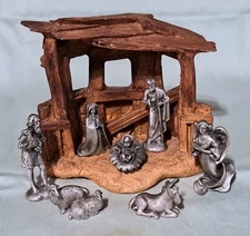 1983 Hudson Fine Pewter Mini Nativity Set w/ Porcelain Crèche 8 Pieces
